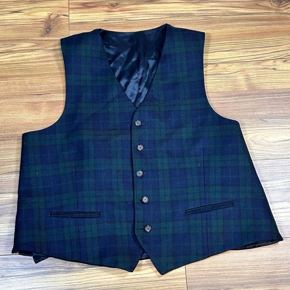 Black Watch Plaid Suit Vest Mens Green Blue Tartan Waistcoat 44 Chest